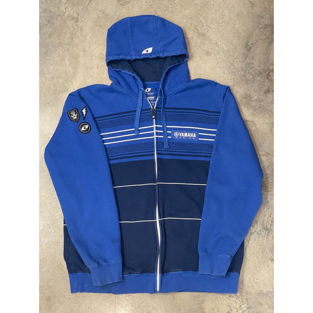 Yamaha Racing Hoodie Jacket Men XXL Blue Stripe Full Zip Heavyweight Motorsport